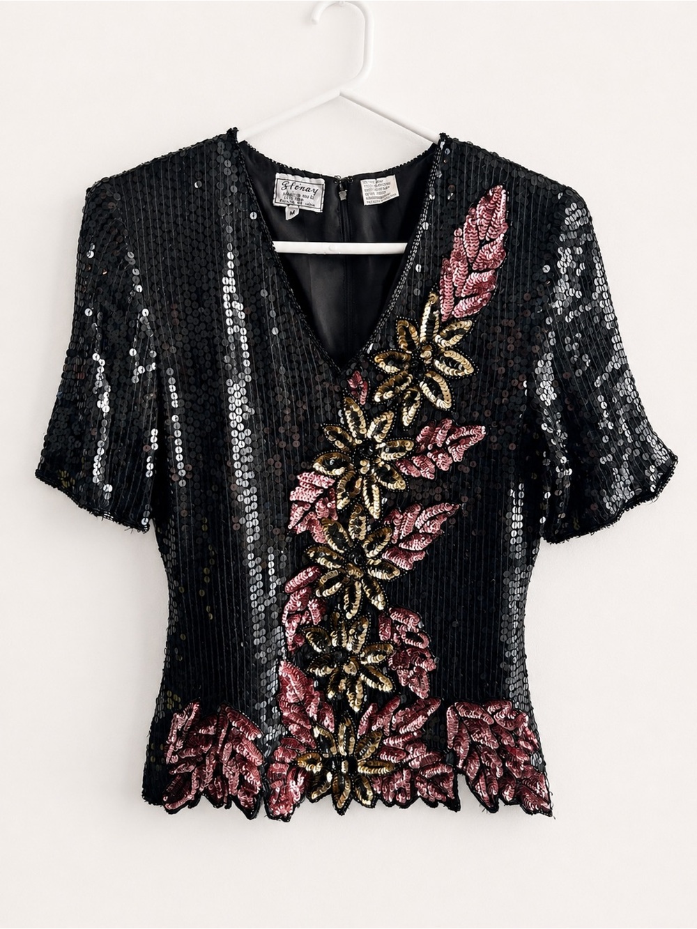 Vintage Stenay 100% Silk Sequin Beaded Floral Top Black Pink Gold Size M